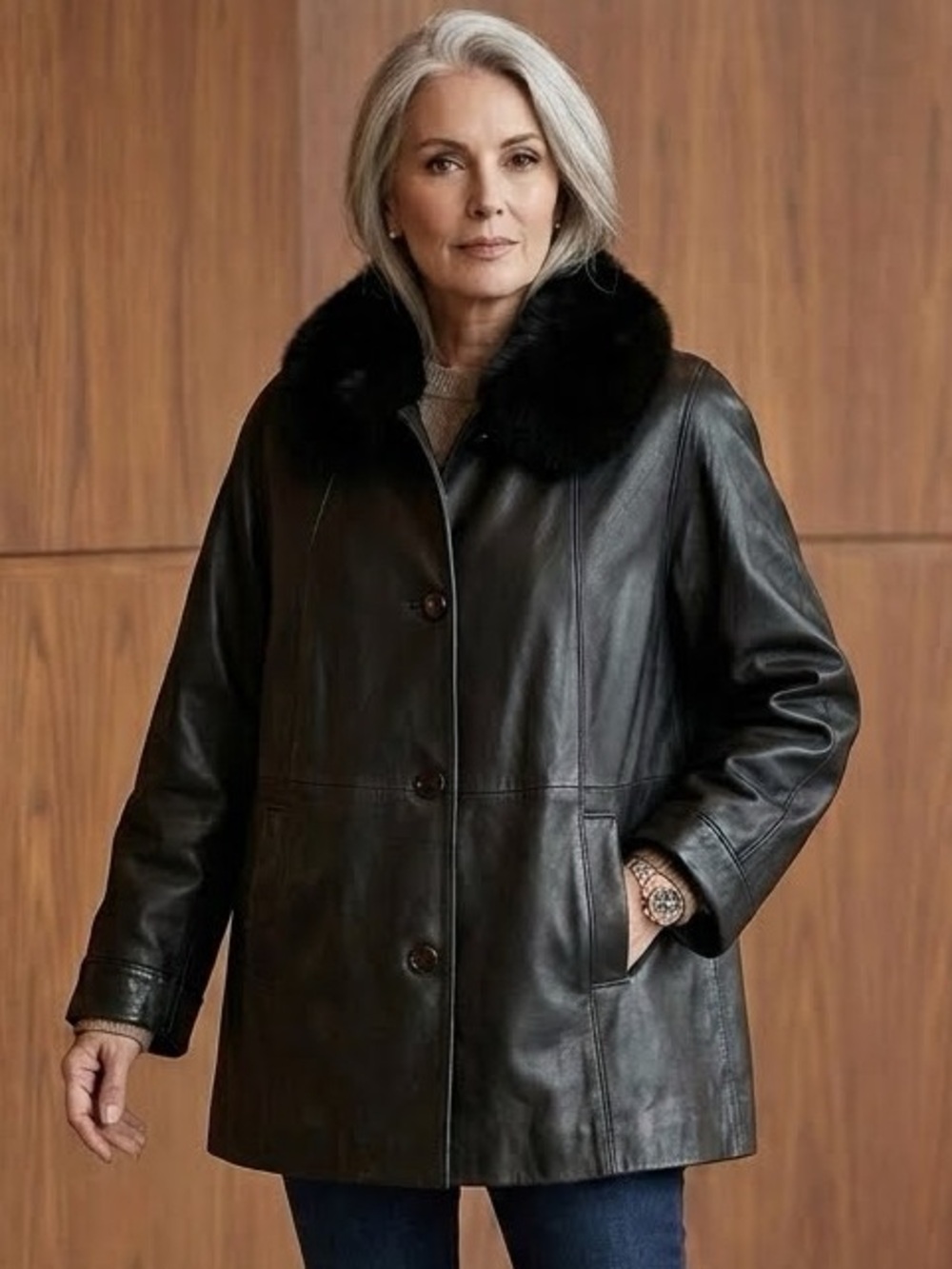 Luxurious Black Leather Coat with Genuine Fox Fur Collar and Sheared Beaver